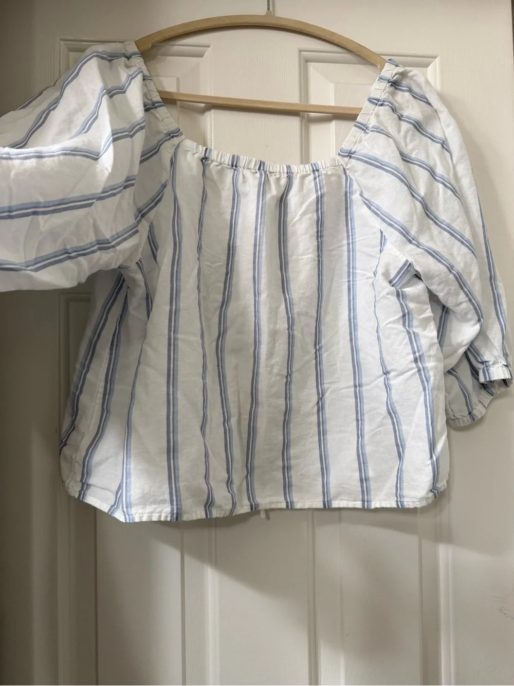 J. Crew White Blouse with Light Blue Stripes - Tie-Front Peasant Top - size L